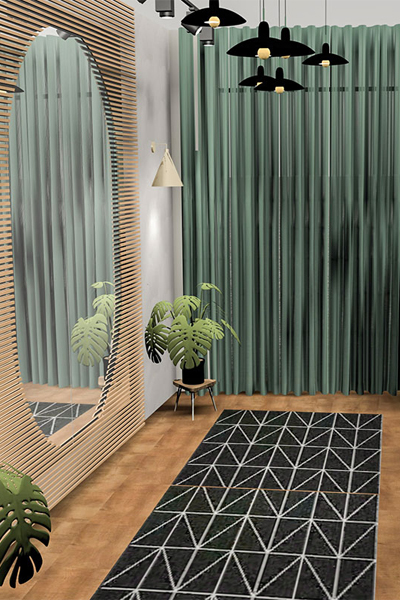 Modern showroom and reception area with floor-to-ceiling oval mirror, vertical wooden panels, green curtains, plants and graphic carpet. A calm, stylish interior design with a homely brand feel makes the showroom created by Atelier Türke an inviting space.