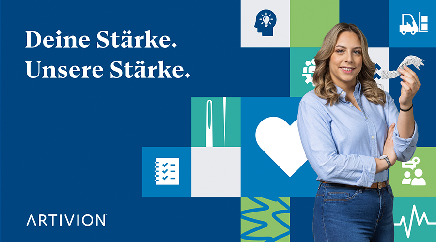 Keyvisual von Artivion, erstellt von Atelier Türke, mit dem Claim „Deine Stärke. Unsere Stärke.“. Rechts im Bild steht Frau vor grafischem Hintergrund mit Icons aus Medizin und Technologie, die für die Arbeitgebermarke Artivion erstellt wurde.