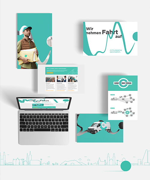 Übersicht verschiedener Kommunikationsmittel und digitaler Anwendungen des Markenauftritts von Cargo Sous Terrain, erstellt von Atelier Türke, mit Plakaten, Website und Printmaterialien in einheitlichem Design.