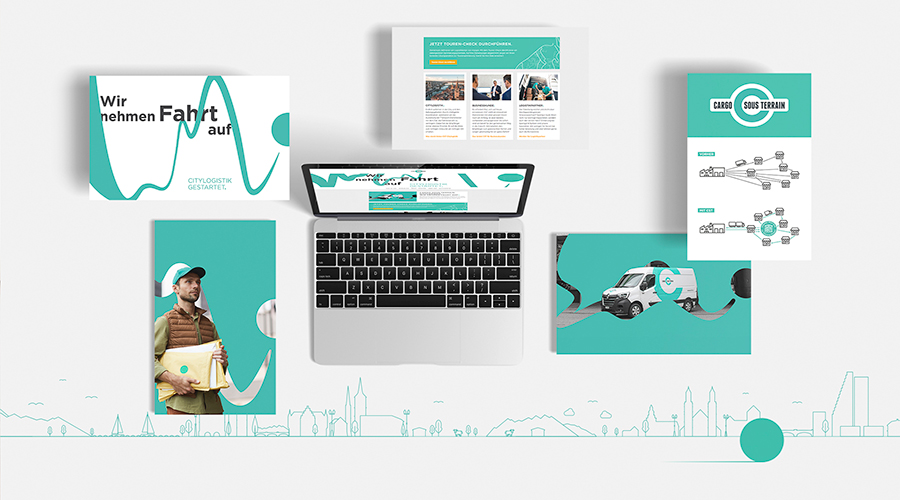 Zusammenstellung verschiedener Kommunikationsmittel des Markenauftritts von Cargo Sous Terrain mit Laptop, Printmaterialien und Illustrationen in einheitlichem Design.