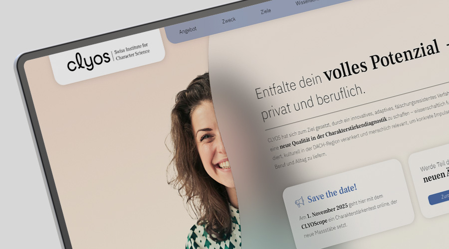 Ausschnitt der Clyos-Website mit Keyvisual und Claim „Entfalte dein volles Potenzial – privat und beruflich“ in modernem Webdesign.